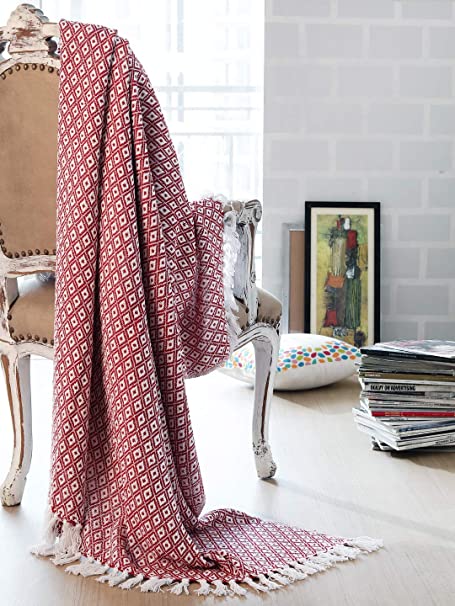 Red White Diamond Weave Cotton Throw Blanket