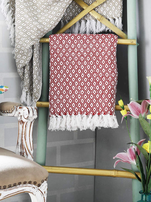 Red White Diamond Weave Cotton Throw Blanket detail