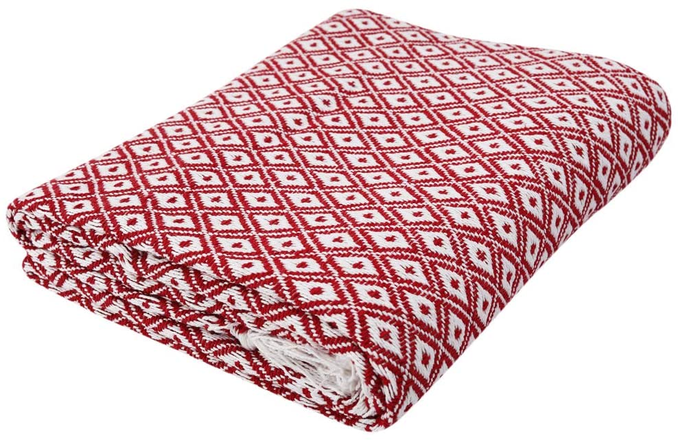 Red White Diamond Weave Cotton Throw Blanket folded