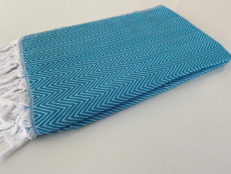 Turquoise White Zig Zag Chevron Cotton Throw Blanket folded