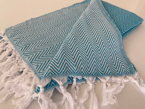 Turquoise White Zig Zag Chevron Cotton Throw Blanket