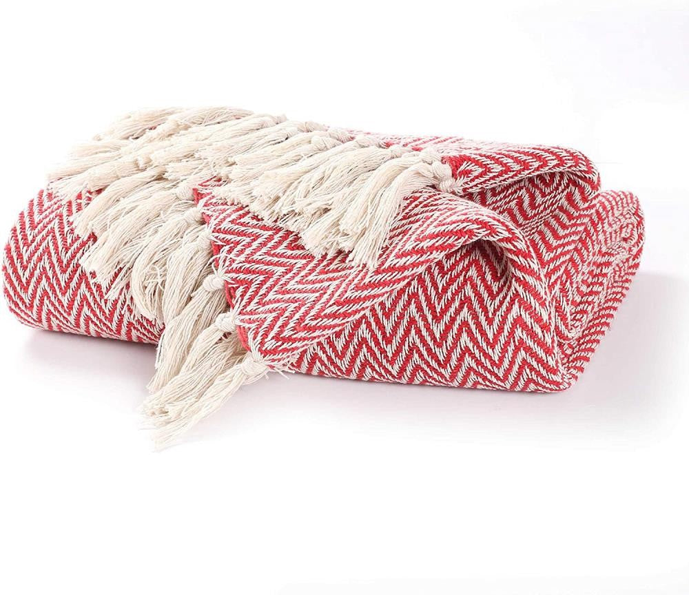 Red White Chevron Cotton Throw Blanket detail