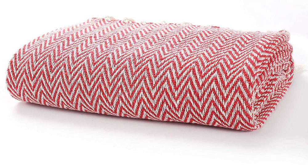 Red White Chevron Cotton Throw Blanket folded