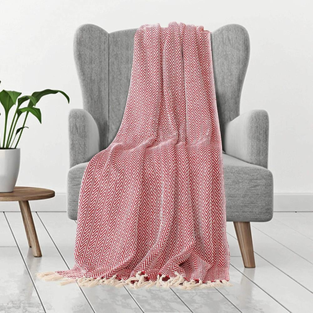 Red White Chevron Cotton Throw Blanket
