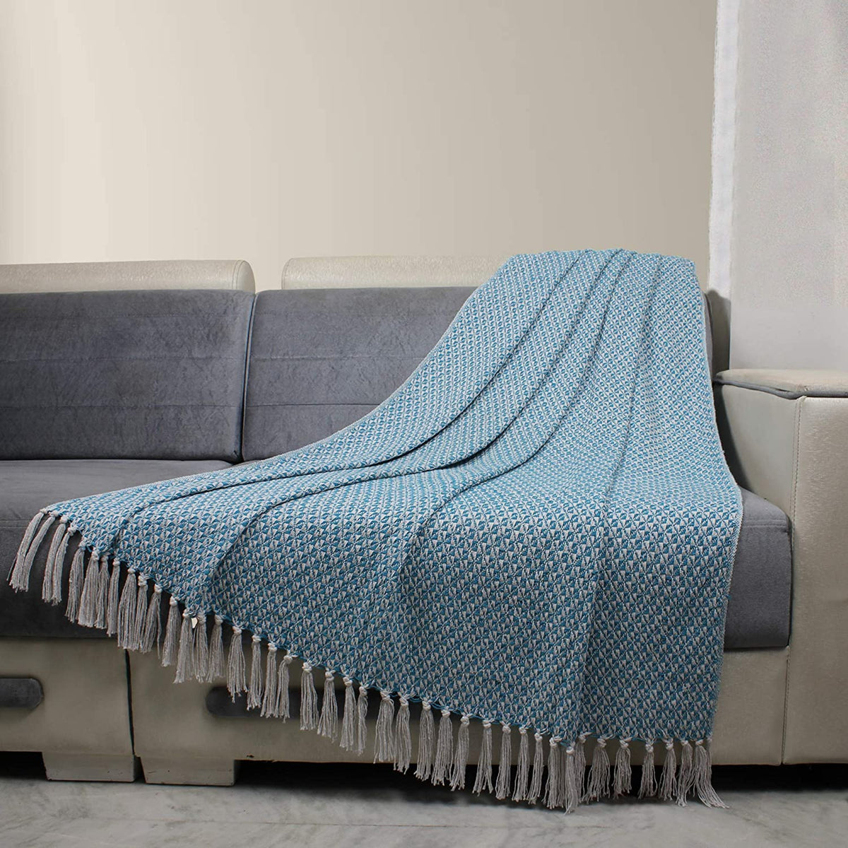Turquoise White Cotton Throw Blanket