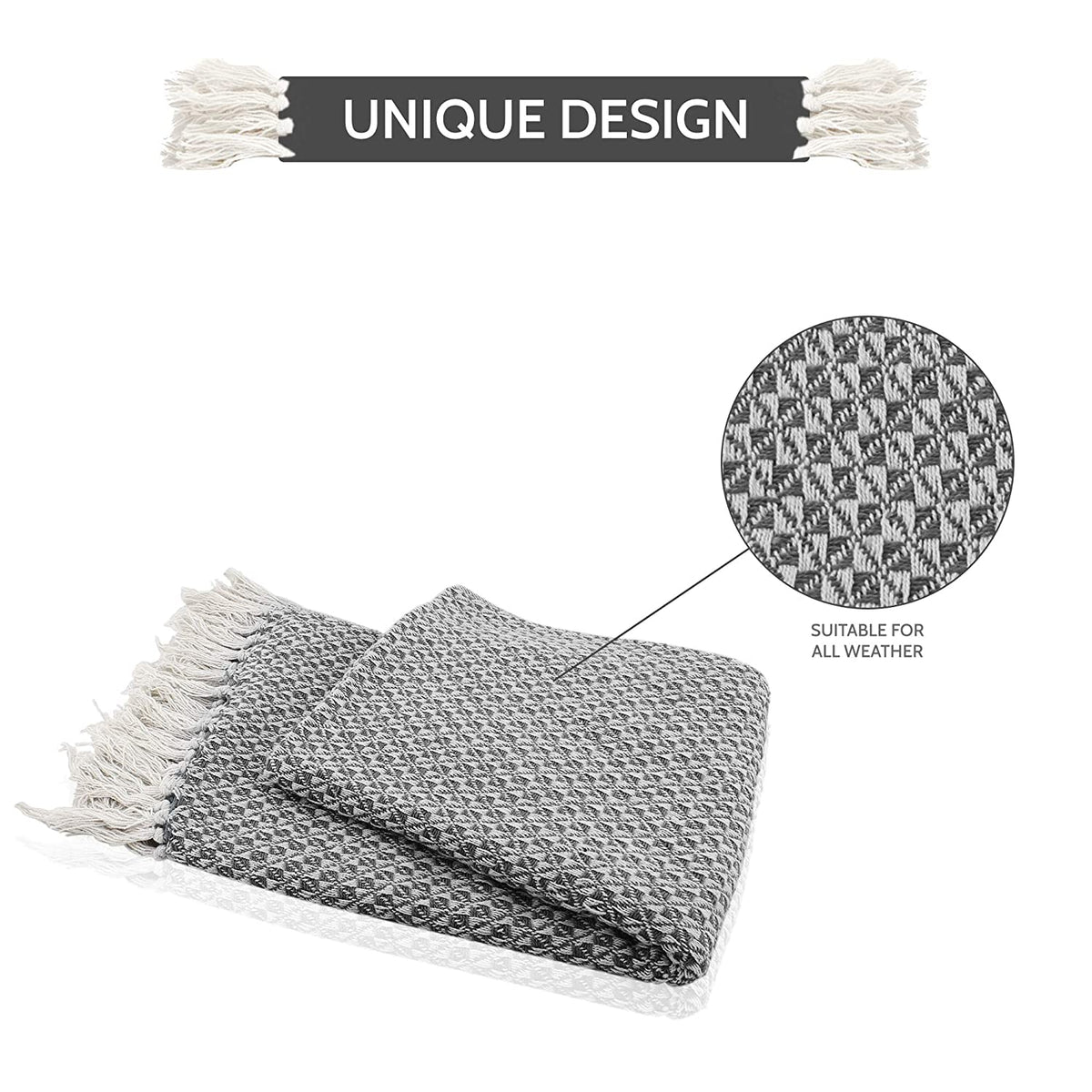 Cosymor Black White Woven Cotton Throw Blanket with Tassel Fringes (50x70 Inch)