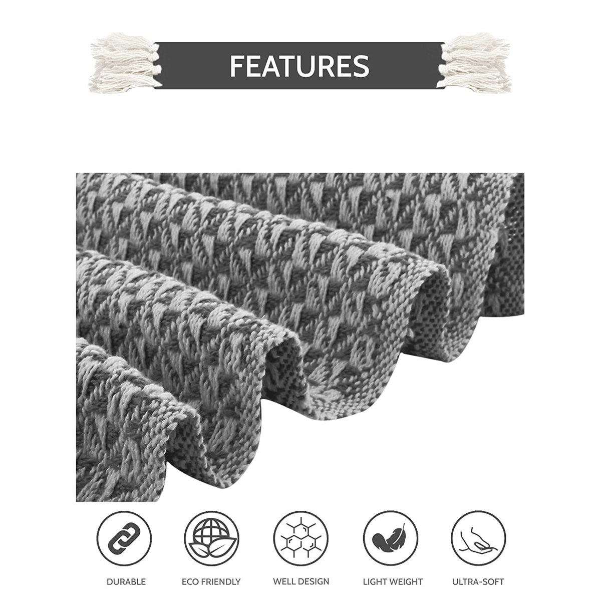 Cosymor Black White Woven Cotton Throw Blanket with Tassel Fringes (50x70 Inch)