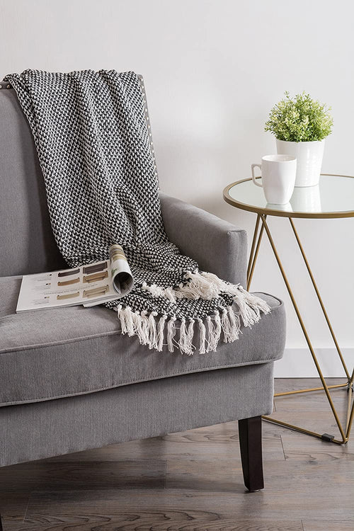 Cosymor Black White Woven Cotton Throw Blanket with Tassel Fringes (50x70 Inch)