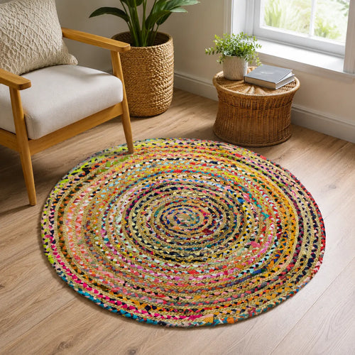 Bohemian Round Natural Jute Chindi Rug – Handwoven Boho Floor Rug (3 Ft / 38 Inch)