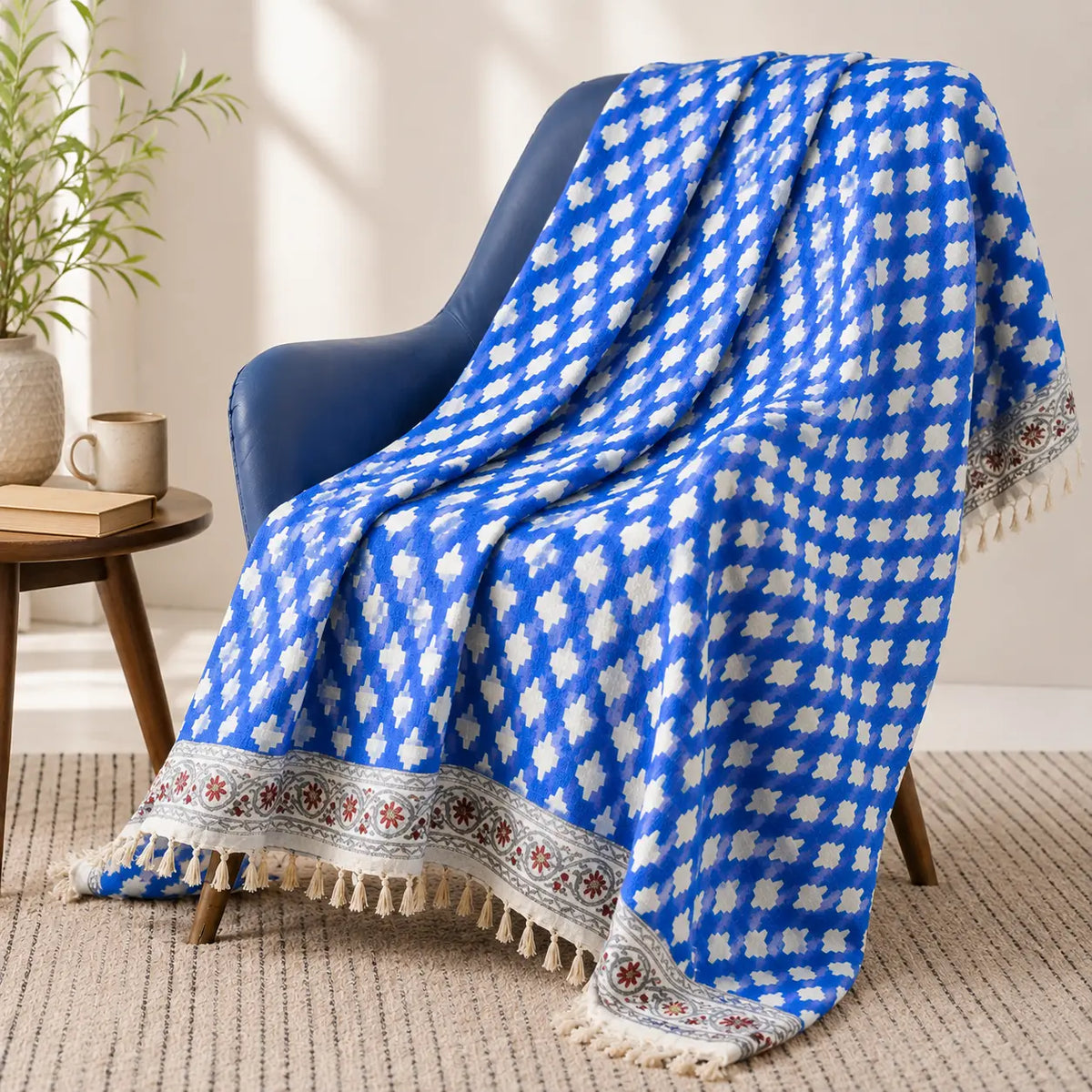 Cosymor Blue Beige Boho Geometric Print Cotton Throw Blanket – Reversible Sofa & Bed Throw (50x70 Inch)