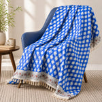 Cosymor Blue Beige Boho Geometric Print Cotton Throw Blanket – Reversible Sofa & Bed Throw (50x70 Inch)