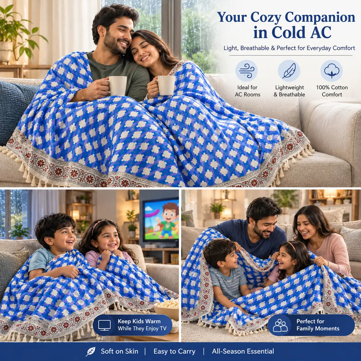 Cosymor Blue Beige Boho Geometric Print Cotton Throw Blanket – Reversible Sofa & Bed Throw (50x70 Inch)