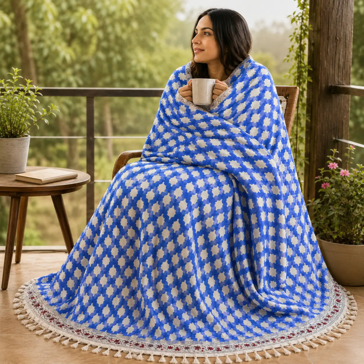 Cosymor Blue Beige Boho Geometric Print Cotton Throw Blanket – Reversible Sofa & Bed Throw (50x70 Inch)