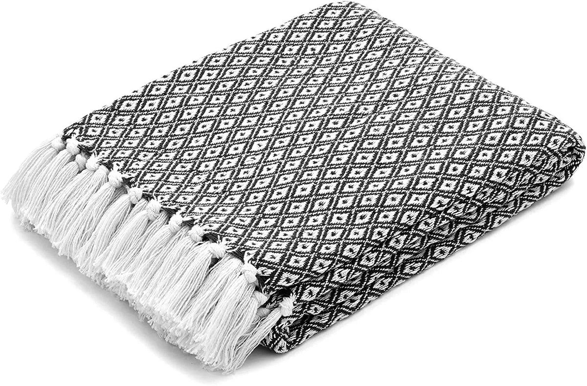 Cosymor Black White Diamond Pattern Cotton Throw Blanket with Tassel Fringes (50x70 Inch)
