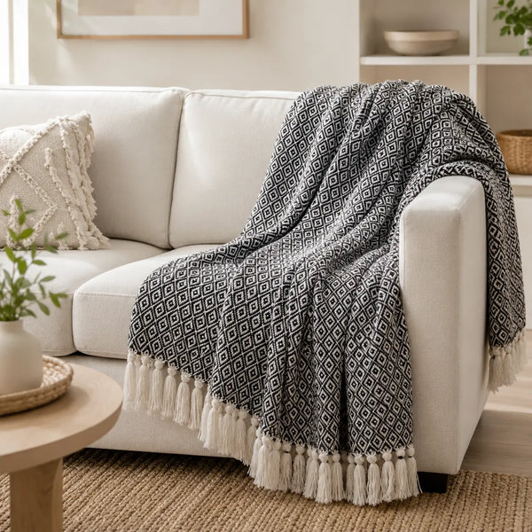 Cosymor Black White Diamond Pattern Cotton Throw Blanket with Tassel Fringes (50x70 Inch)