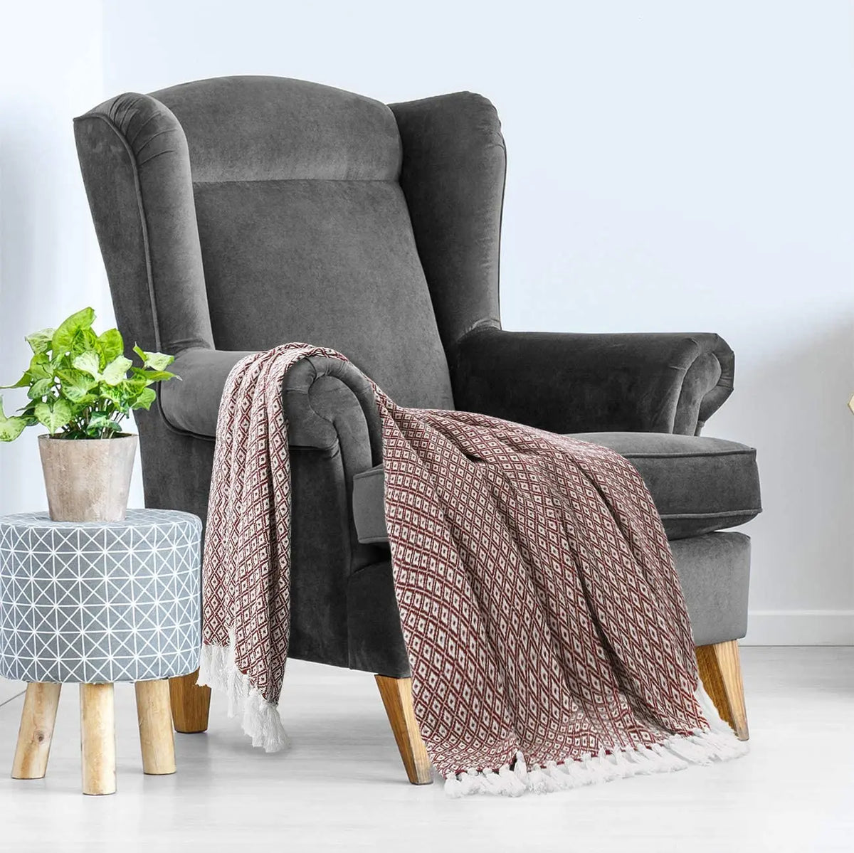 Cosymor Maroon White Diamond Weave Cotton Throw Blanket with Tassel Fringes (50x70 Inch)