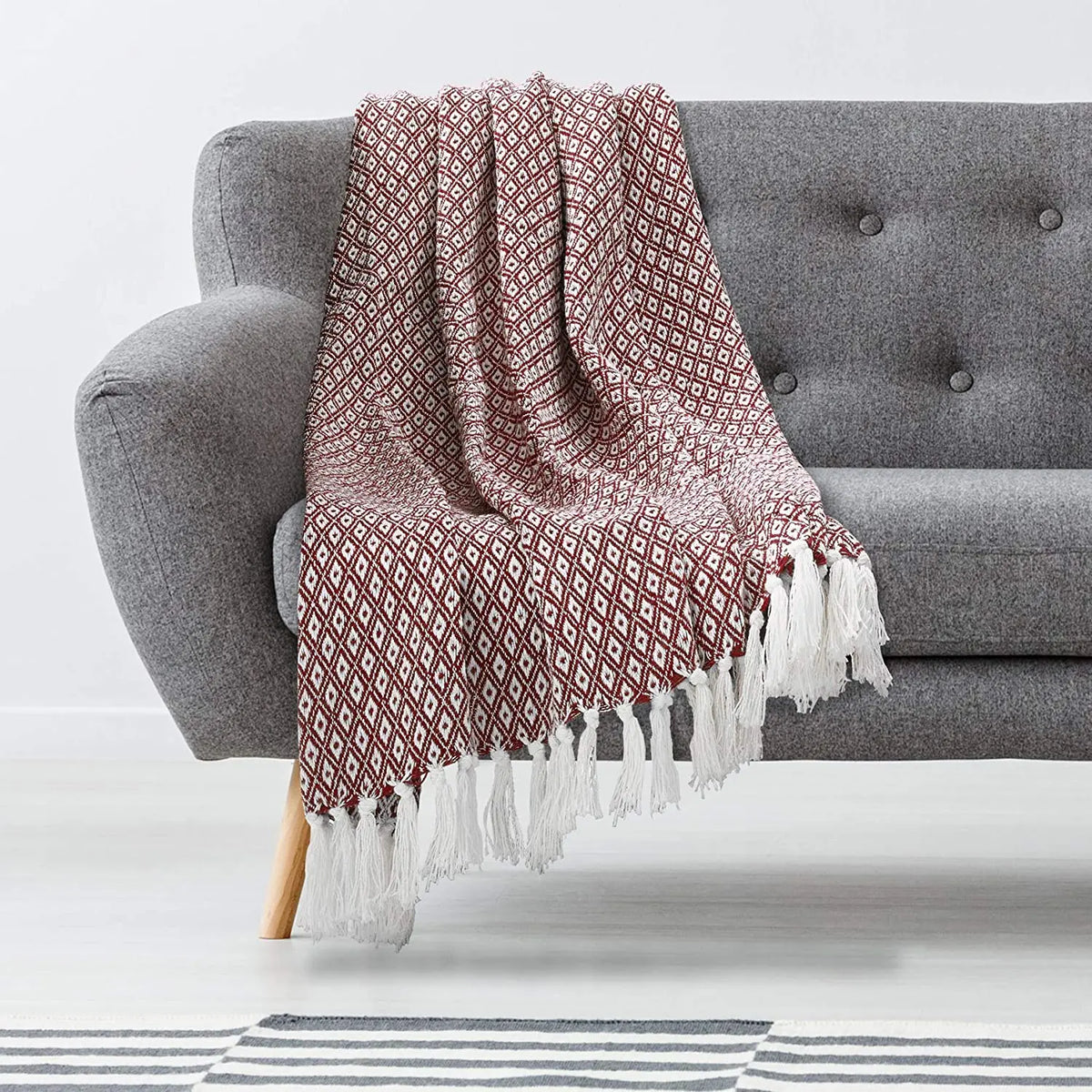Cosymor Maroon White Diamond Weave Cotton Throw Blanket with Tassel Fringes (50x70 Inch)