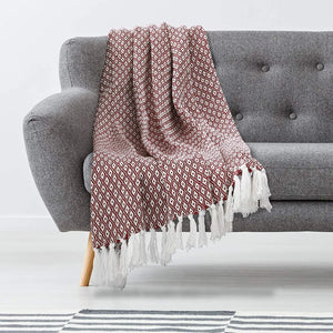 Cosymor Maroon White Diamond Weave Cotton Throw Blanket with Tassel Fringes (50x70 Inch)