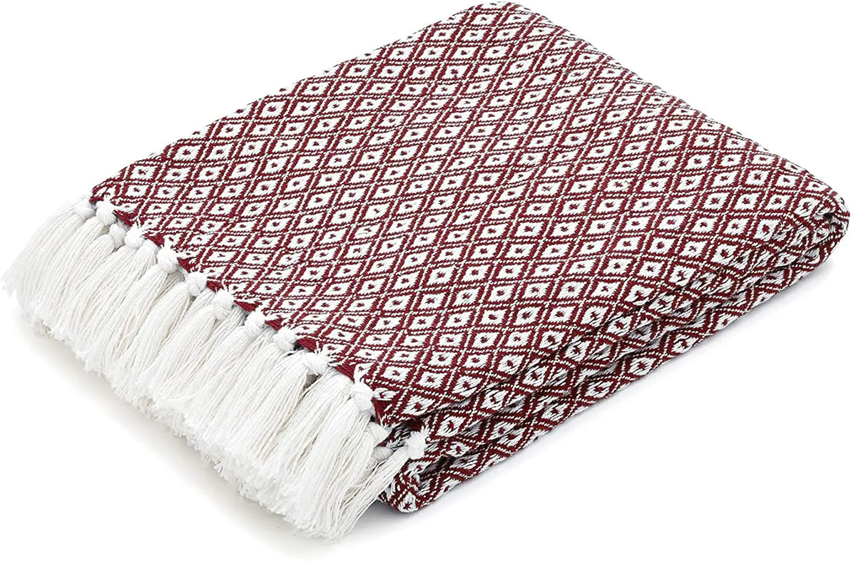 Cosymor Maroon White Diamond Weave Cotton Throw Blanket with Tassel Fringes (50x70 Inch)
