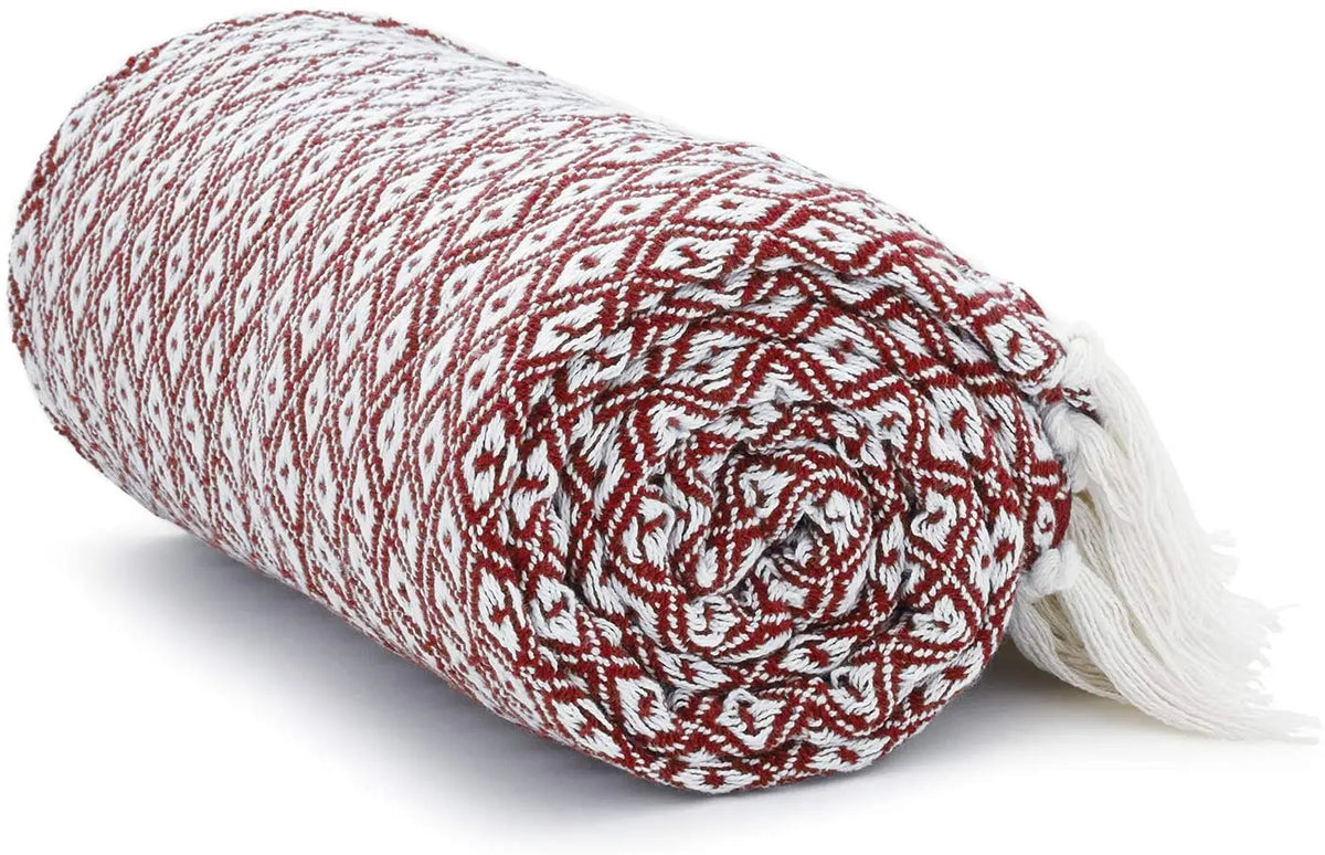 Cosymor Maroon White Diamond Weave Cotton Throw Blanket with Tassel Fringes (50x70 Inch)