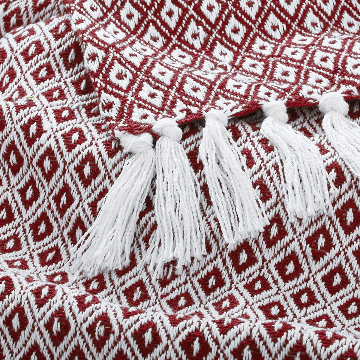 Cosymor Maroon White Diamond Weave Cotton Throw Blanket with Tassel Fringes (50x70 Inch)