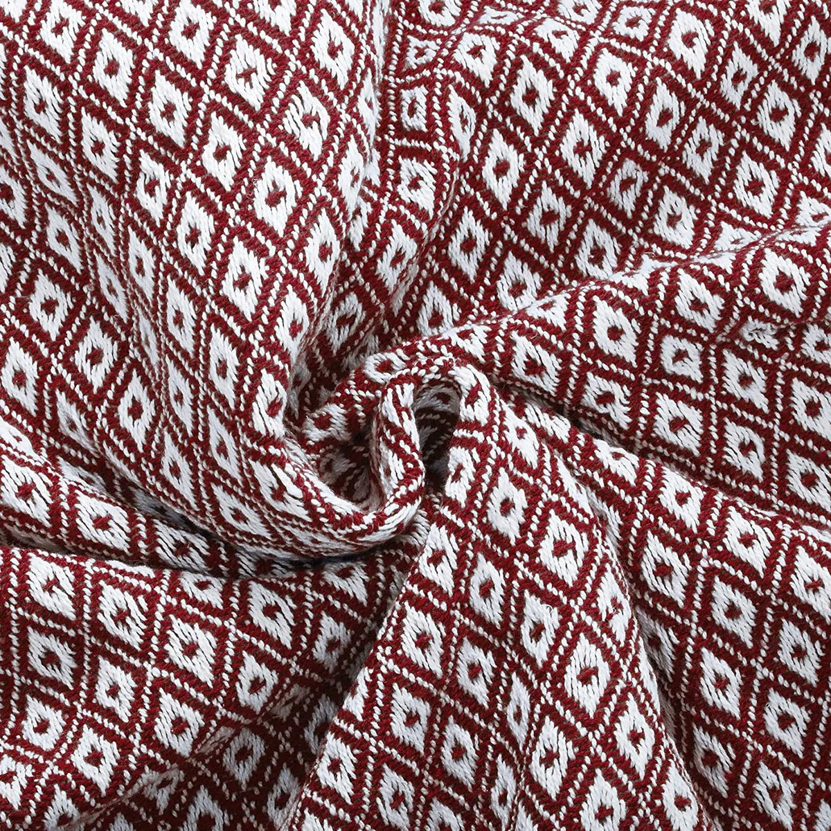 Cosymor Maroon White Diamond Weave Cotton Throw Blanket with Tassel Fringes (50x70 Inch)
