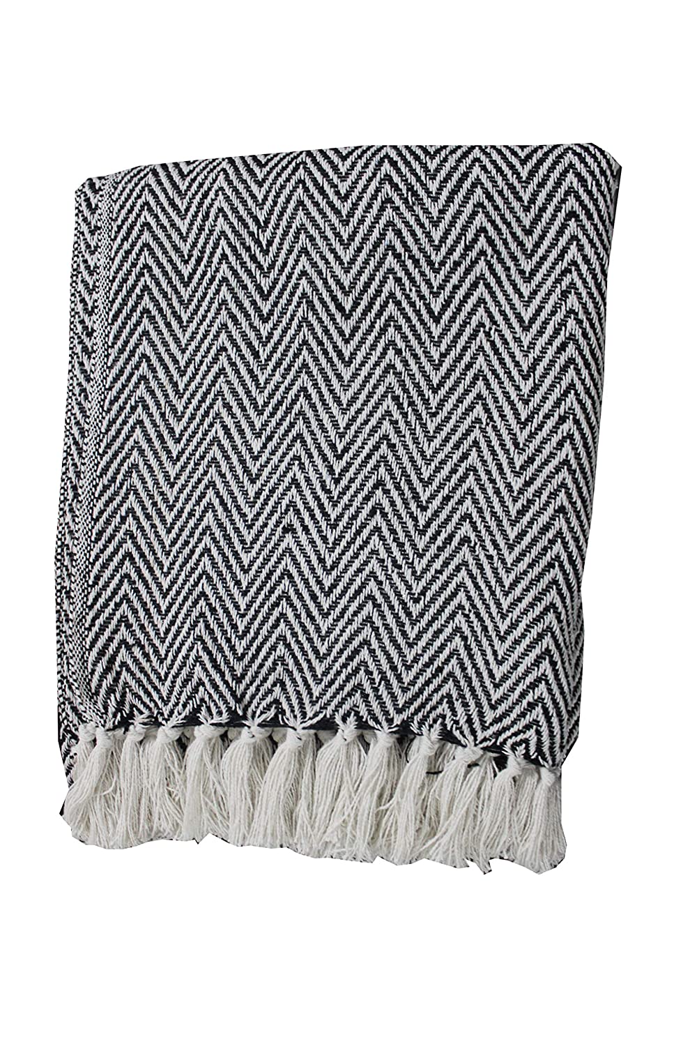 Cosymor Black White Zig Zag Chevron Cotton Throw Blanket with Tassel Fringes (50x70 Inch)