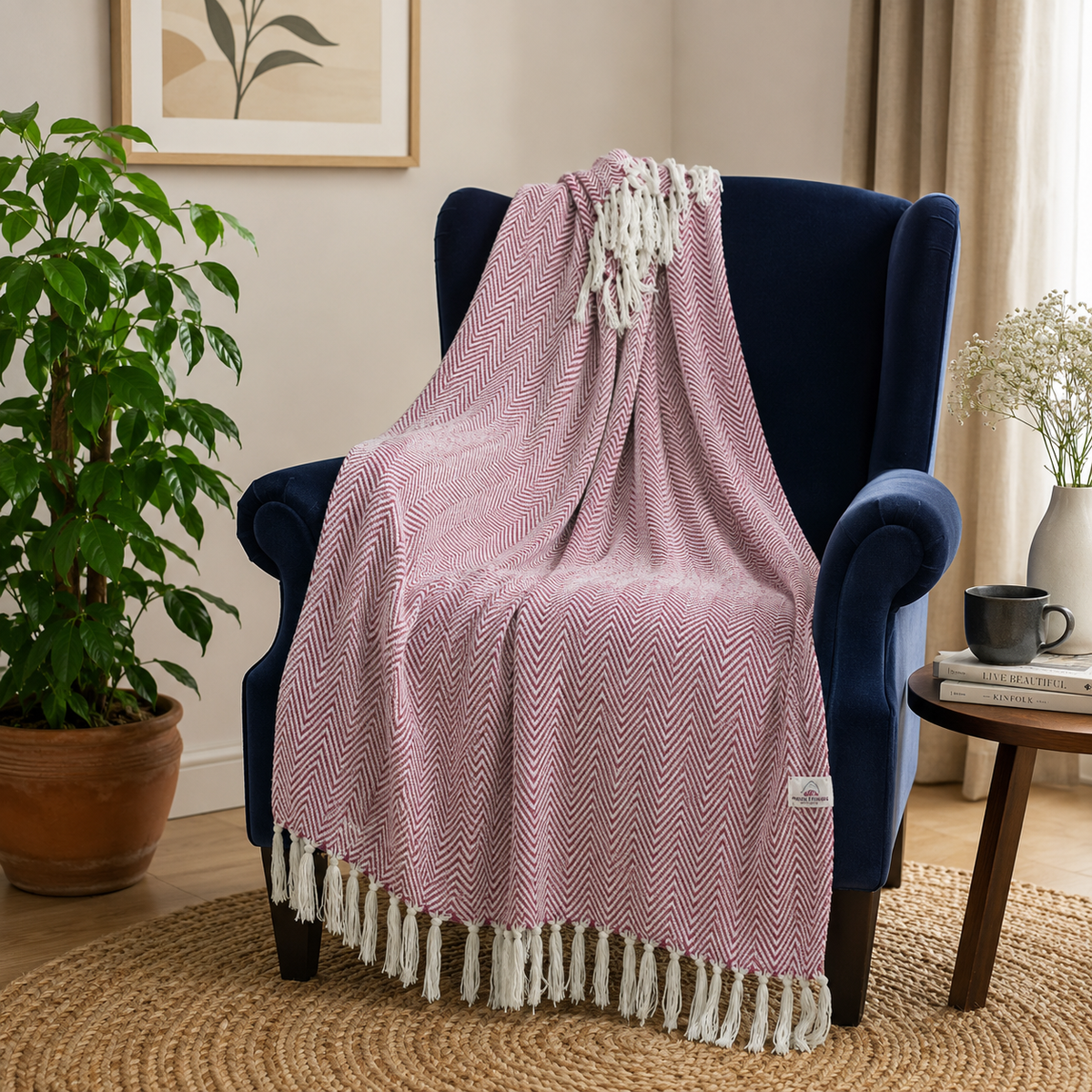 Cosymor Maroon White Chevron Pattern Cotton Throw Blanket with Tassel Fringes (50x70 Inch)
