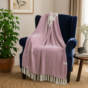 Cosymor Maroon White Chevron Pattern Cotton Throw Blanket with Tassel Fringes (50x70 Inch)
