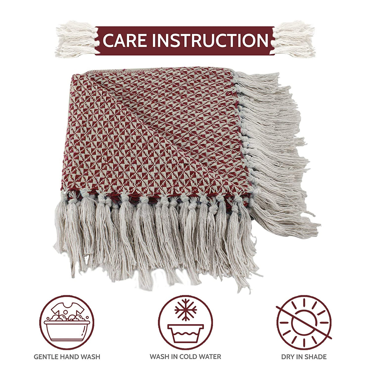 Cosymor Maroon White Woven Cotton Throw Blanket with Tassel Fringes (50x70 Inch)