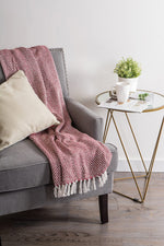 Cosymor Maroon White Knitted Cotton Throw Blanket with Tassel Fringes (50x70 Inch)