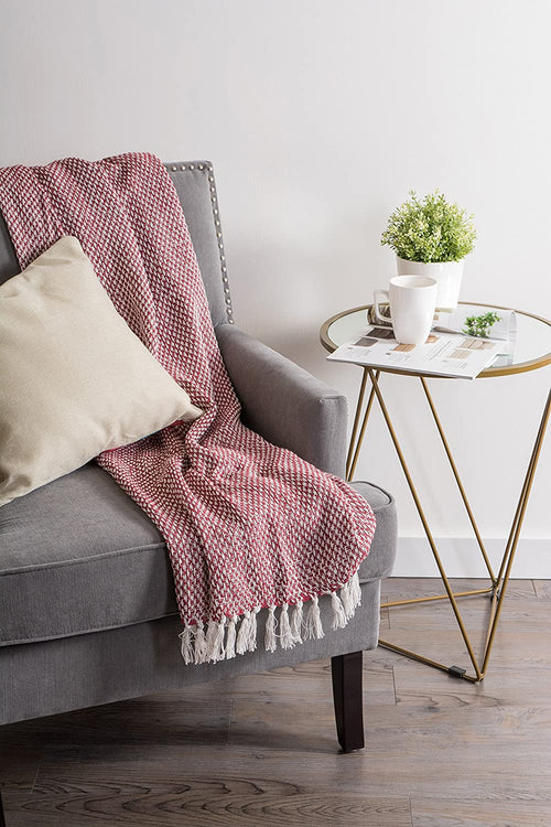 Cosymor Maroon White Knitted Cotton Throw Blanket with Tassel Fringes (50x70 Inch)