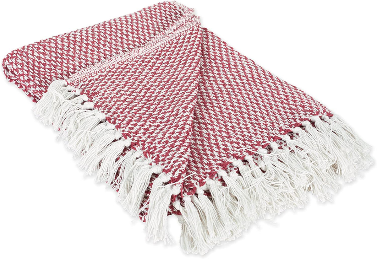 Cosymor Maroon White Knitted Cotton Throw Blanket with Tassel Fringes (50x70 Inch)