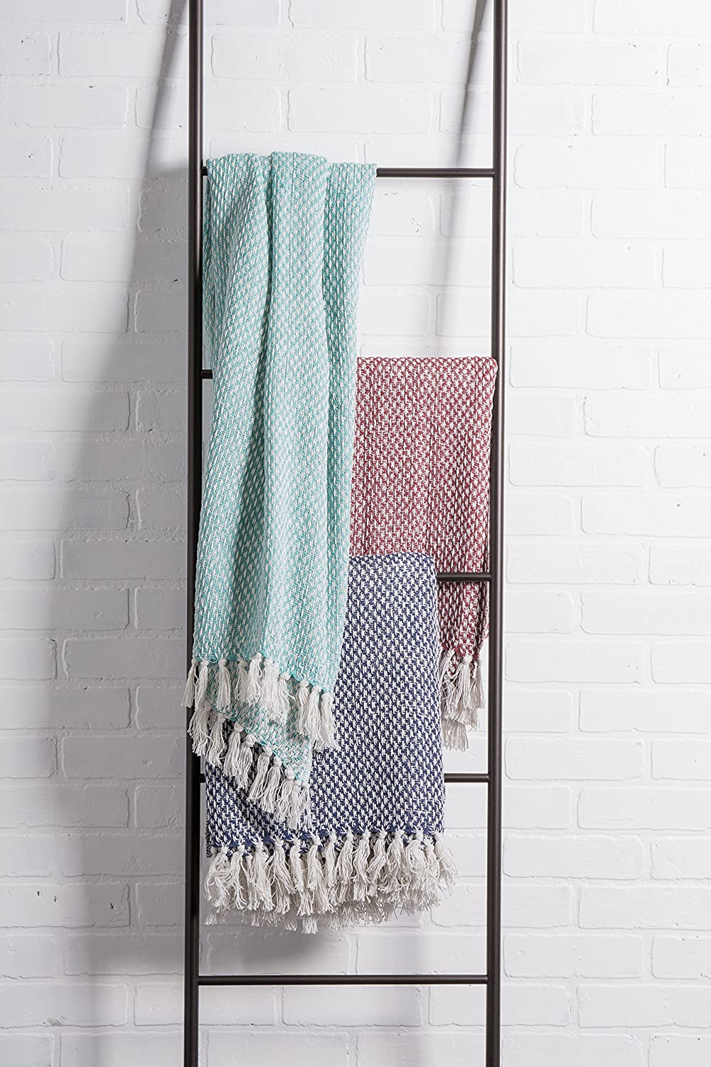 Cosymor Maroon White Knitted Cotton Throw Blanket with Tassel Fringes (50x70 Inch)