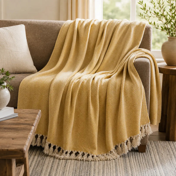 Cosymor Yellow Zig Zag Chevron Cotton Throw Blanket with Tassel Fringes (50x70 Inch)