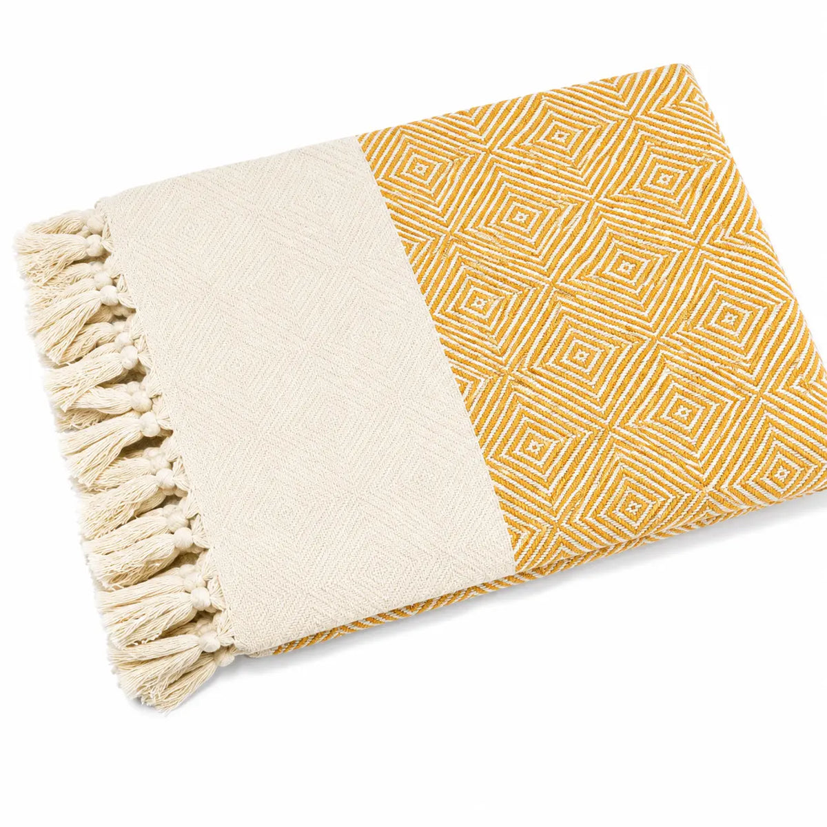 Yellow Mustard Diamond Cotton Throw Blanket Fringes 50x70 Inch Cosymor