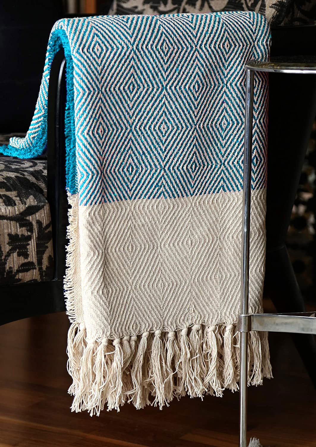 Cosymor Blue Beige Diamond Pattern Cotton Throw Blanket with Fringes (50x70 Inch)