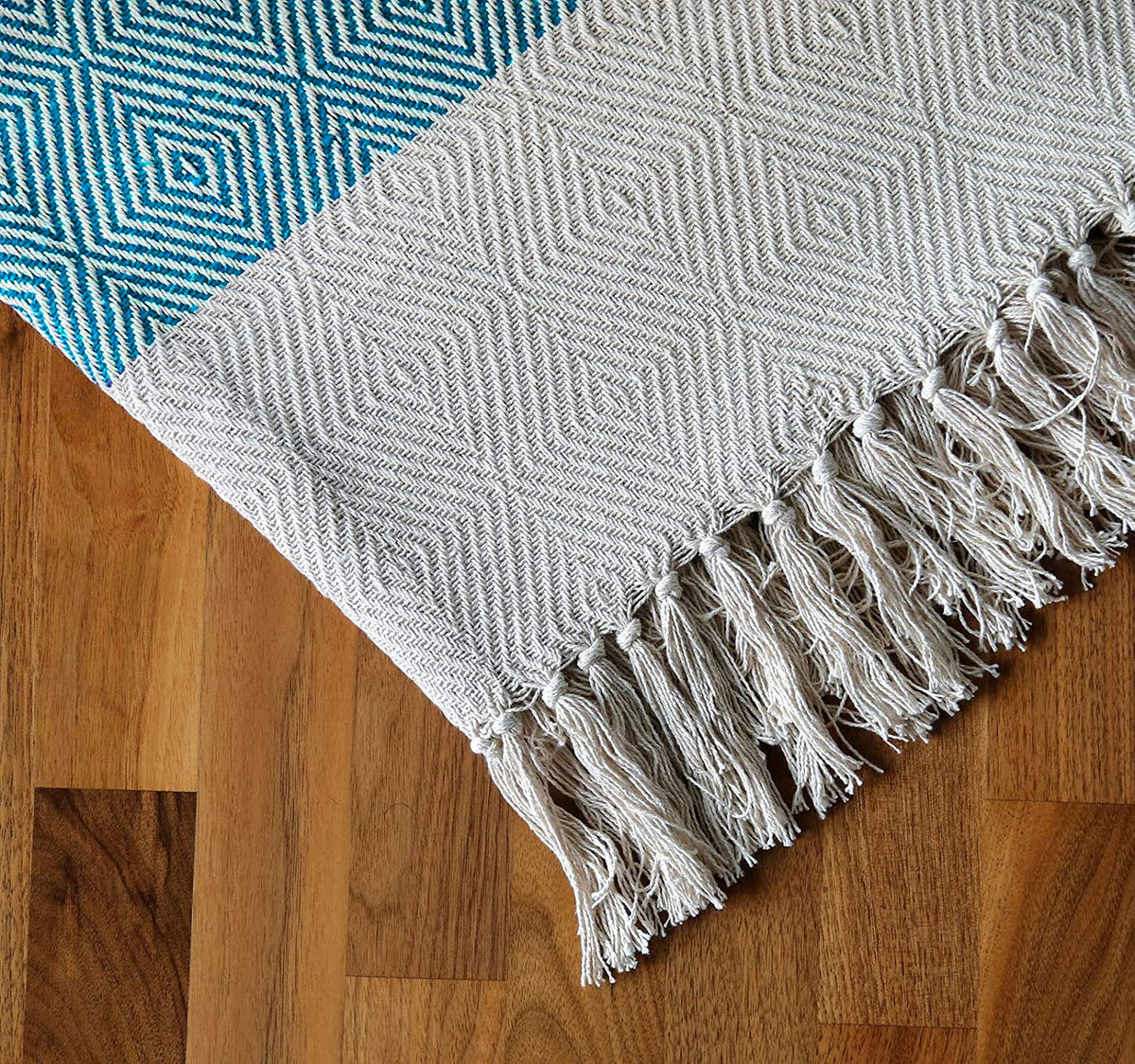 Cosymor Blue Beige Diamond Pattern Cotton Throw Blanket with Fringes (50x70 Inch)