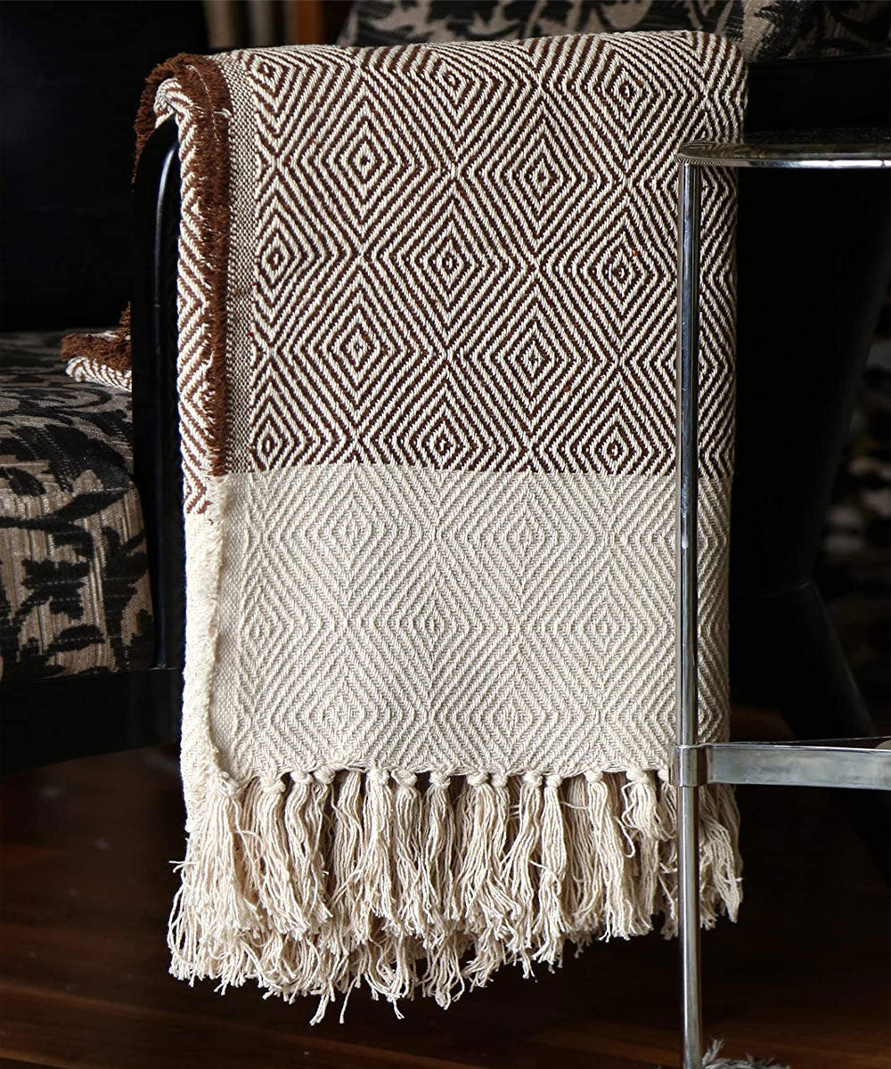 Cosymor Brown Beige Diamond Pattern Cotton Throw Blanket with Tassel Fringes (50x70 Inch)