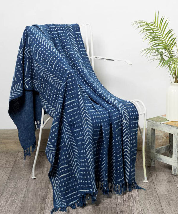Cosymor Blue Hand Block Arrow Dotted Boho Cotton Throw Blanket – Reversible Sofa & Bed Throw (50x70 Inch)