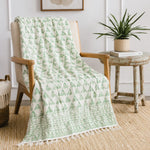 Cosymor Beige Green Boho Leaves Print Cotton Throw Blanket – Reversible Sofa & Bed Throw (50x70 Inch)