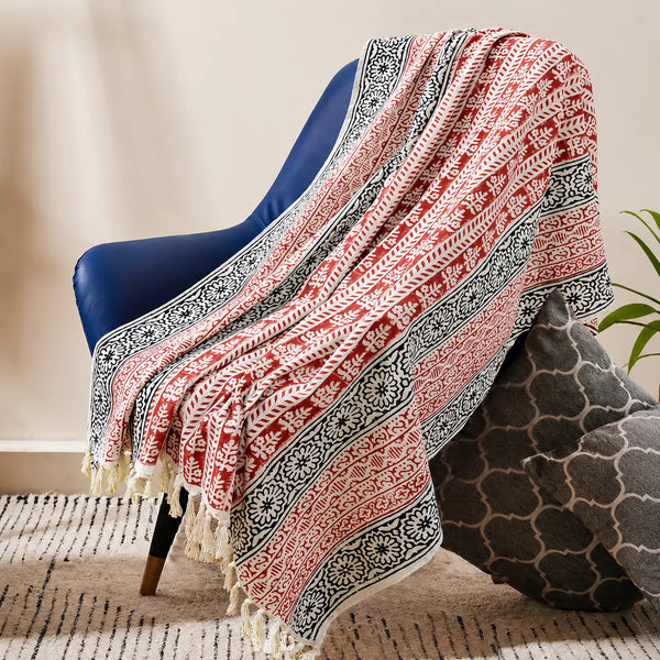 Cosymor Red Black Bohemian Floral Print Cotton Throw Blanket – Reversible Sofa & Bed Throw (50x70 Inch)