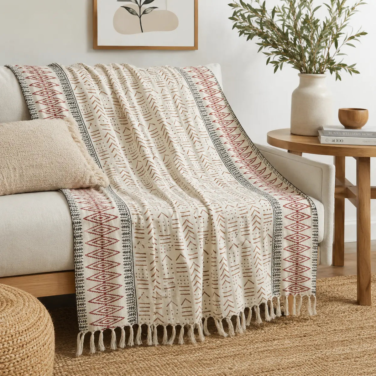 Cosymor Bohemian Red Beige Arrow Print Cotton Throw Blanket – Reversible Sofa & Bed Throw (50x70 Inch)