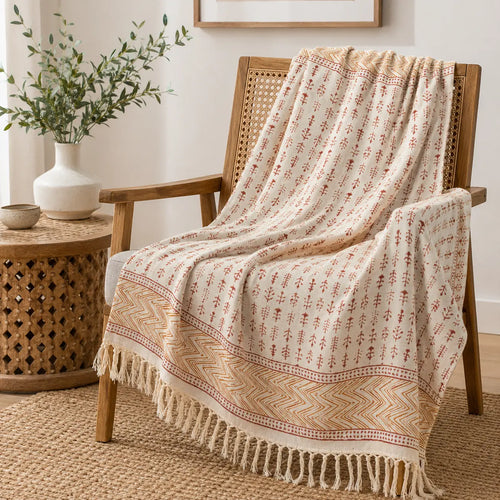 Cosymor Red Beige Floral Block Print Cotton Throw Blanket – Reversible Boho Sofa & Bed Throw (50x70 Inch)