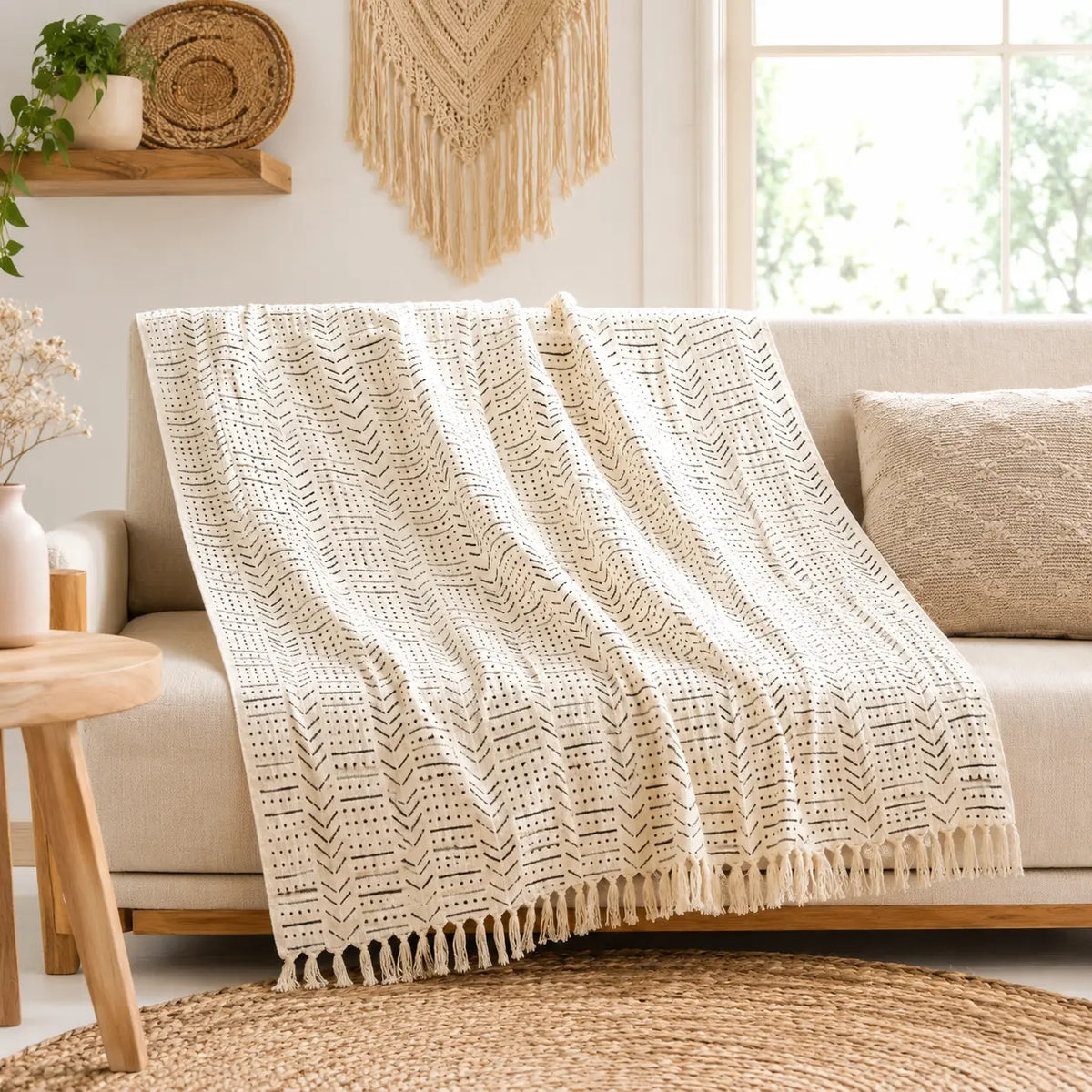 Cosymor Beige Black Chevron Arrow Boho Cotton Throw Blanket – Reversible Sofa & Bed Throw (50x70 Inch)