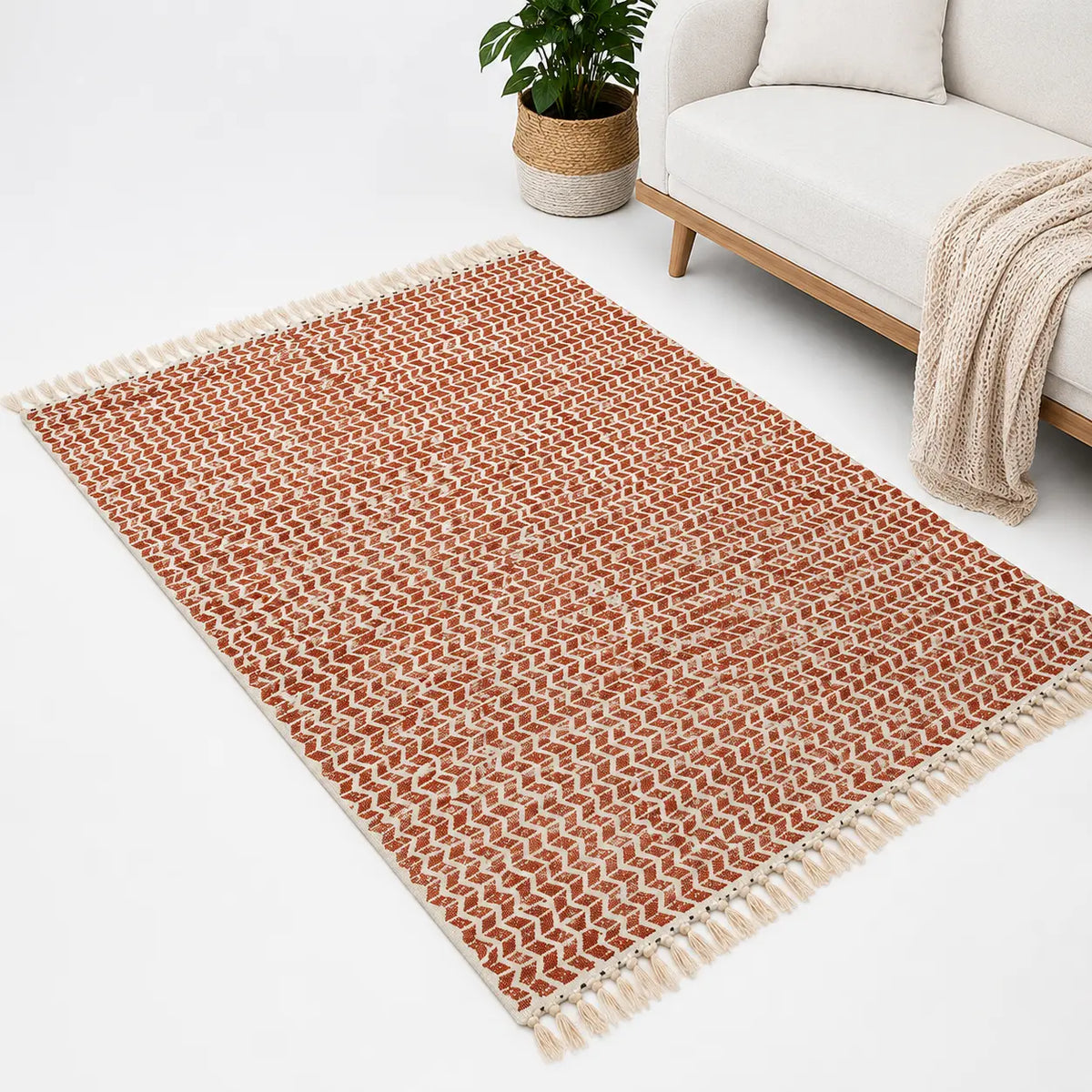 Brown & White Zig-Zag Block Print Cotton Area Rug – Reversible Boho Rug (3x5 Ft / 36x60 Inch)