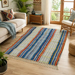 Orange Blue Multi Geometric Embroidered Cotton Dhurrie Rectangle Area Rug (3x5 Ft / 36x60 Inch)
