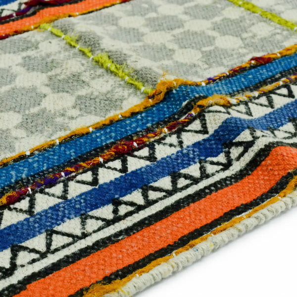 Orange Blue Multi Geometric Embroidered Cotton Dhurrie Rectangle Area Rug (3x5 Ft / 36x60 Inch)