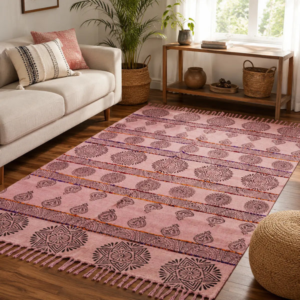 Pink 3X5ft Rectangle Flower Printed Boho Cotton Floor Area Rug (3x5 Ft / 36x60 Inch)