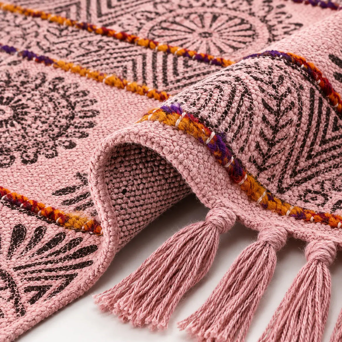 Pink 3X5ft Rectangle Flower Printed Boho Cotton Floor Area Rug (3x5 Ft / 36x60 Inch)